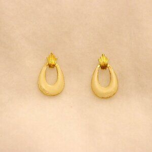 Gold and cream toned dangle loop vintage enamel and metal earrings